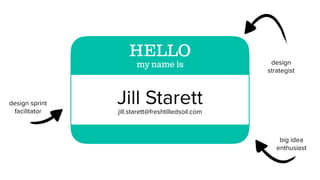 Jill Starett
HELLO
my name is
big idea
enthusiast
design
strategist
design sprint
facilitator jill.starett@freshtilledsoil...