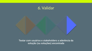 6. Validar
Testar com usuários e stakeholders a aderência da
solução (ou soluções) encontrada
 