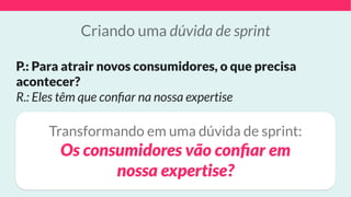 Criando uma dúvida de sprint
P.: Para atrair novos consumidores, o que precisa
acontecer? 
R.: Eles têm que conﬁar na nossa expertise
Transformando em uma dúvida de sprint: 
Os consumidores vão conﬁar em
nossa expertise?
 