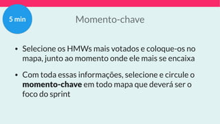 Momento-chave5 min
• Selecione os HMWs mais votados e coloque-os no
mapa, junto ao momento onde ele mais se encaixa
• Com toda essas informações, selecione e circule o
momento-chave em todo mapa que deverá ser o
foco do sprint
 