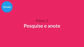 Passo 1
Pesquise e anote
10 min
 