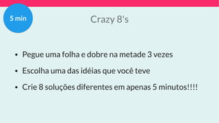 Crazy 8's
• Pegue uma folha e dobre na metade 3 vezes
• Escolha uma das idéias que você teve
• Crie 8 soluções diferentes em apenas 5 minutos!!!!
5 min
 
