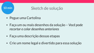 Sketch de solução
• Pegue uma Cartolina
• Faça um ou mais desenhos da solução – Você pode
recortar e colar desenhos anteriores
• Faça uma descrição dessas etapas
• Crie um nome legal e divertido para essa solução
10 min
 