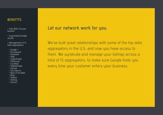 Let our network work for you.
We’ve built great relationships with some of the top data
aggregators in the U.S. and now you have access to
them. We syndicate and manage your listings across a
total of 15 aggregators, to make sure Google finds you
every time your customer enters your business.
BENEFITS
- Only $50 /mo per
location
- Guaranteed Google
results
- Management of 15
Data aggregators
- Google +
- FourSquare
- Facebook
- Yelp
- SuperPages
- InfoGroup
- Localeze
- YellowPages
- Factual
- City Search
- Best of the Web
- Bing
- Yahoo!
- Hotfrog
- Acxiom
 