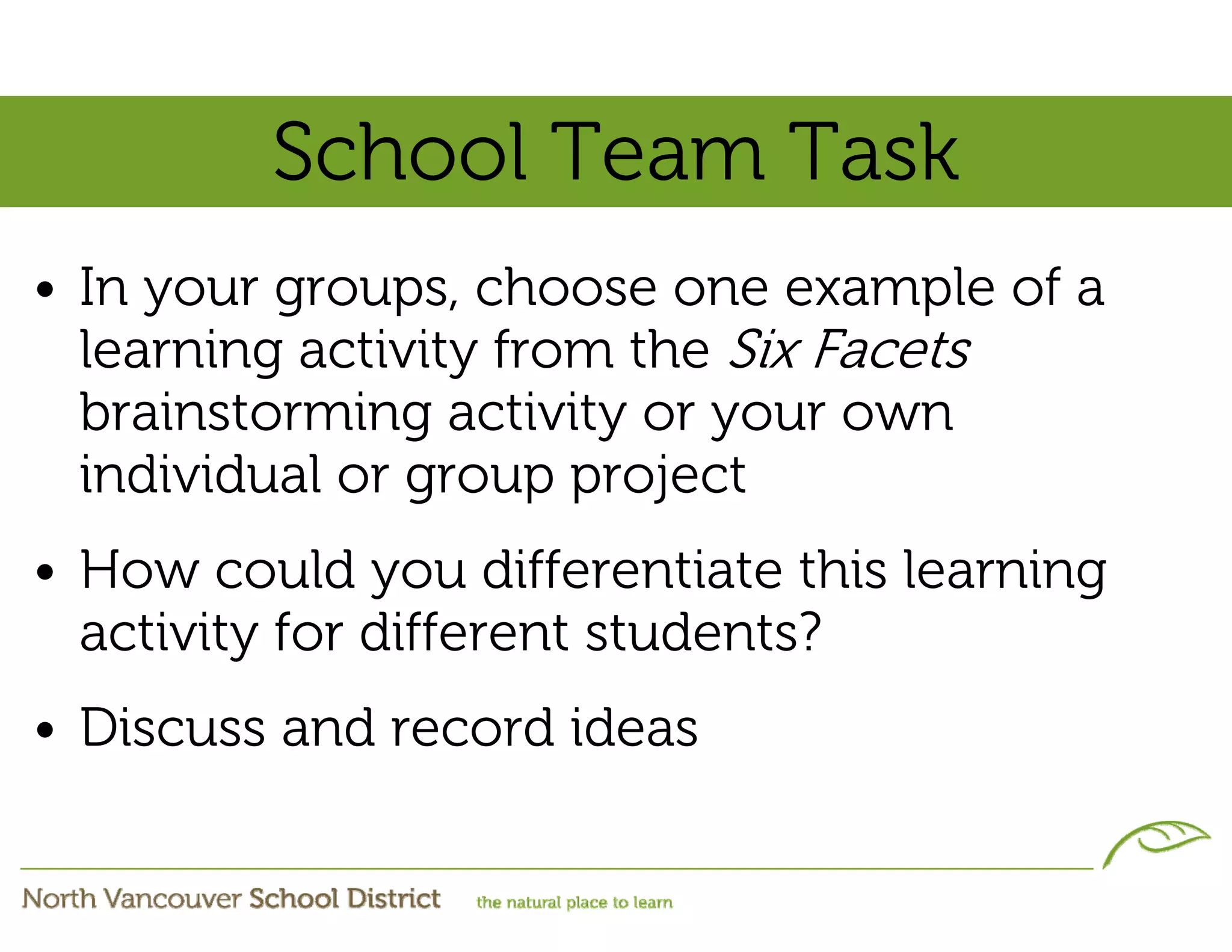 School Team Task
• In your groups, choose one example of a
  learning activity from the Six Facets
  brainstorming activity or your own
  individual or group project
• How could you differentiate this learning
  activity for different students?
• Discuss and record ideas
 