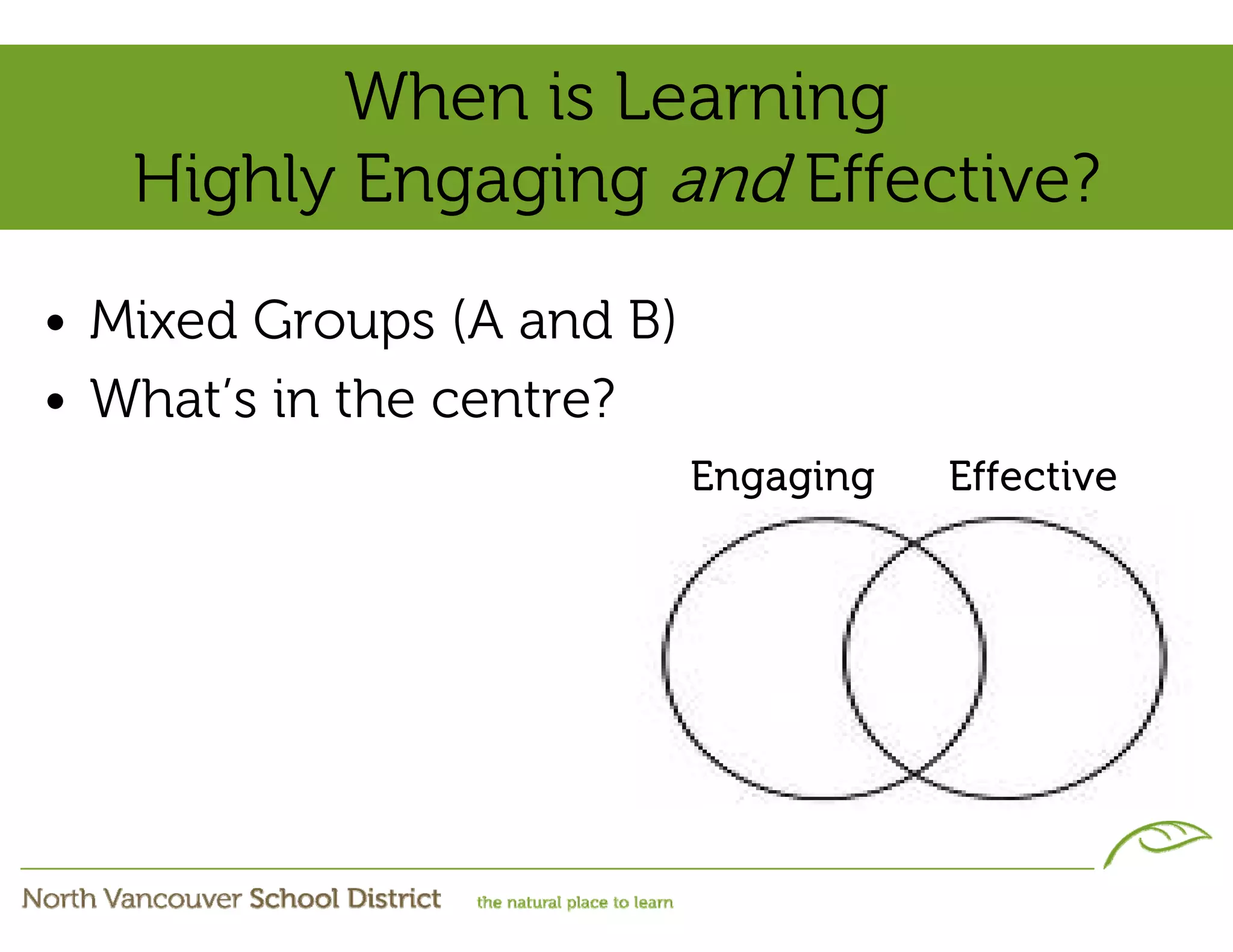 When is Learning
   Highly Engaging and Effective?

• Mixed Groups (A and B)
• What’s in the centre?
                           Engaging   Effective
 