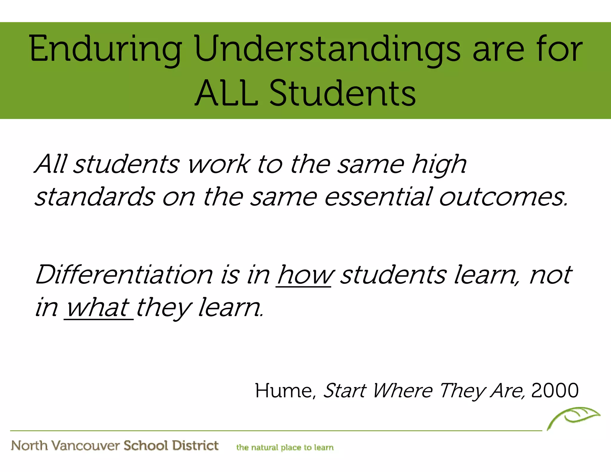 Enduring Understandings are for
         ALL Students
All students work to the same high
standards on the same essential outcomes.

Differentiation is in how students learn, not
in what they learn.

                  Hume, Start Where They Are, 2000
 