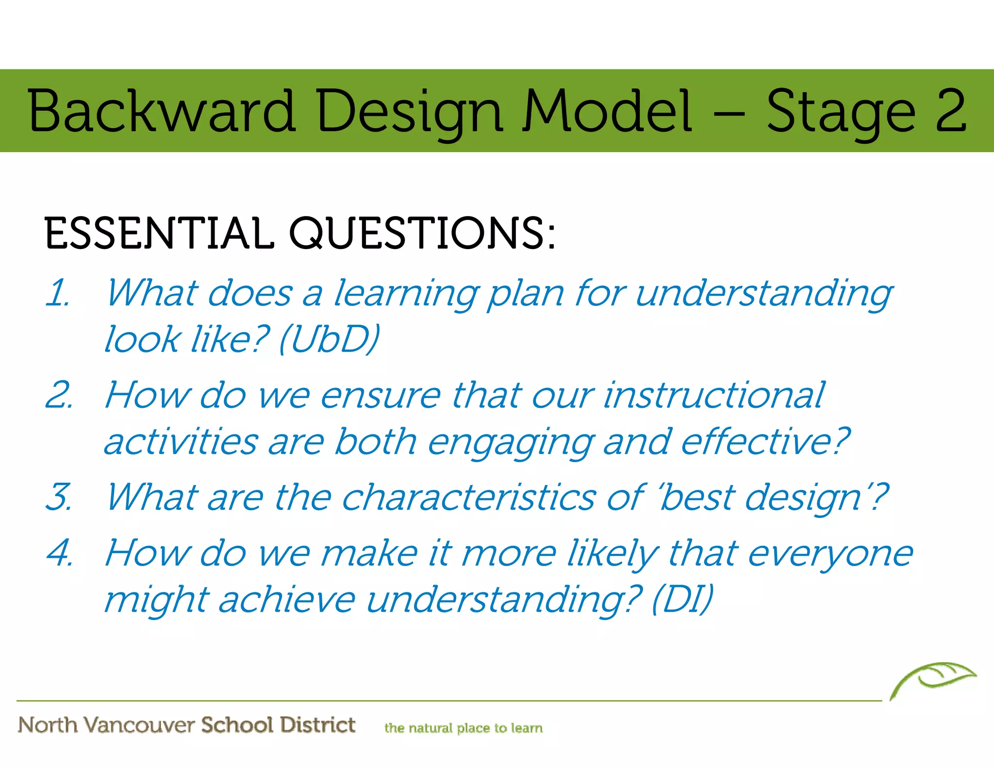 Backward Design Model – Stage 2
ESSENTIAL QUESTIONS:
1. What does a learning plan for understanding
   look like? (UbD)
2. How do we ensure that our instructional
   activities are both engaging and effective?
3. What are the characteristics of ‘best design’?
4. How do we make it more likely that everyone
   might achieve understanding? (DI)
 