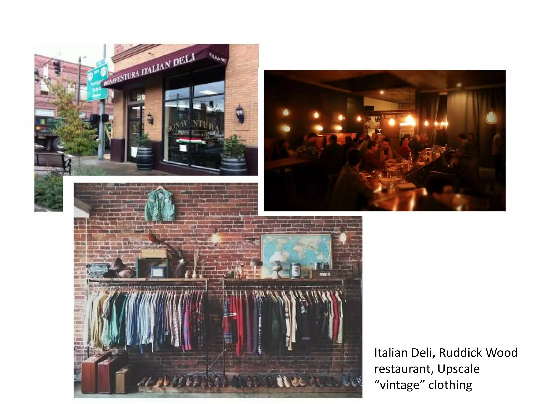 Italian Deli, Ruddick Wood
restaurant, Upscale
“vintage” clothing
 