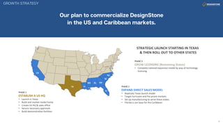 PHASE 2
EXPAND DIRECT SALES MODEL
• Replicate Texas launch model
• Target hurricane and fire prone markets
• Set up manufacturing to serve these states.
• Florida is our base for the Caribbean
PHASE 1
ESTABLISH A US HQ
• Launch in Texas
• Build and market model home
• Create US HQ & sales office
• Secure necessary approvals
• Build demonstration facilities
PHASE 3
GROW LICENSING (Remaining States)
• Complete national expansion model by way of technology
licensing.
TX
CA
MS
LA
FL
GA
SC
NC
AL
STRATEGIC LAUNCH STARTING IN TEXAS
& THEN ROLL OUT TO OTHER STATES
 