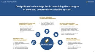 • Can withstand wind >200 mph
• In the case of flooding, can be
quickly rehabilitated simply by
pressure cleaning.
• Concrete is the longest lasting
building material, with a design life
of > 60 years.
• Superior design flexibility and
aesthetic properties relative to
other concrete options.
• Concrete filled studs.
• Encapsulated cladding to structure
• connection.
• 2” concrete external surface.
• Monolithic continuous structure.
• Non-organic structural material.
• Precast panels have an almost
unlimited ability to achieve
diverse aesthetic finishes.
• Decorative or ornamental shapes
possible.
• Concrete and steel does not burn.
• Internal insulation options are varied and
customizable. Superior flexibility when
insulating the wall to suit the local climate
needs.
• Thermal mass properties of concrete are
superior to other wall materials.
 