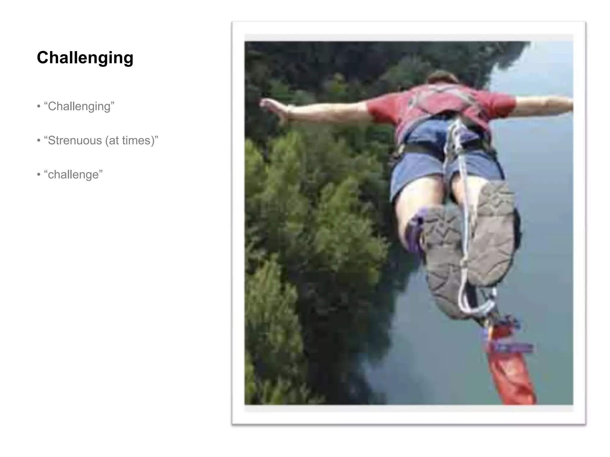 Challenging

• “Challenging”

• “Strenuous (at times)”

• “challenge”
 