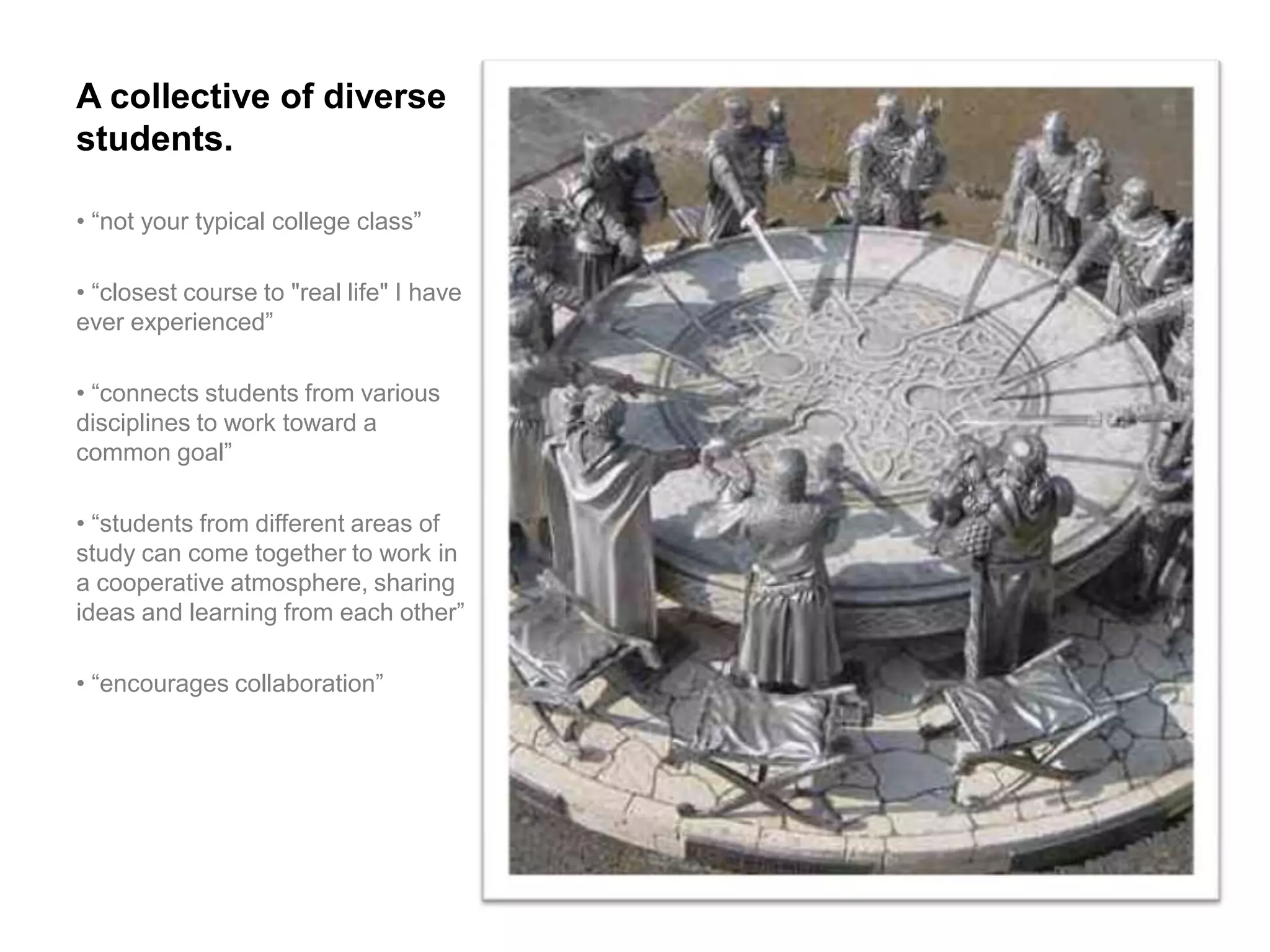 A collective of diverse
students.

• “not your typical college class”

• “closest course to "real life" I have
ever experienced”

• “connects students from various
disciplines to work toward a
common goal”

• “students from different areas of
study can come together to work in
a cooperative atmosphere, sharing
ideas and learning from each other”

• “encourages collaboration”
 