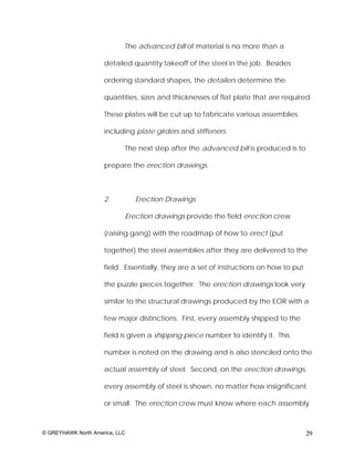 The advanced bill of material is no more than a

                     detailed quantity takeoff of the steel in the job. Besides

                     ordering standard shapes, the detailers determine the

                     quantities, sizes and thicknesses of flat plate that are required.

                     These plates will be cut up to fabricate various assemblies

                     including plate girders and stiffeners.

                            The next step after the advanced bill is produced is to

                     prepare the erection drawings.



                     2.         Erection Drawings

                            Erection drawings provide the field erection crew

                     (raising gang) with the roadmap of how to erect (put

                     together) the steel assemblies after they are delivered to the

                     field. Essentially, they are a set of instructions on how to put

                     the puzzle pieces together. The erection drawings look very

                     similar to the structural drawings produced by the EOR with a

                     few major distinctions. First, every assembly shipped to the

                     field is given a shipping piece number to identify it. This

                     number is noted on the drawing and is also stenciled onto the

                     actual assembly of steel. Second, on the erection drawings,

                     every assembly of steel is shown, no matter how insignificant

                     or small. The erection crew must know where each assembly



© GREYHAWK North America, LLC                                                           29
 