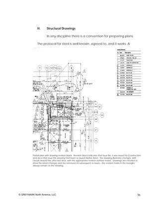 H.        Structural Drawings

                         In any discipline there is a convention for preparing plans.

               The protocol for steel is well known, agreed to, and it works. A




           Partial plan with drawing revision block. Revision block indicates that Issue No. 4 was issued for Construction
           and since that issue this drawing had been re-issued twelve times. The drawing illustrates changes, with
           clouds around the affected area, with the appropriate revision number noted. Drawings are clouded to
           show the latest changes and are removed on subsequent re-issues – the revision marks in the triangles
           always remain on the drawing.




© GREYHAWK North America, LLC                                                                                         56
 