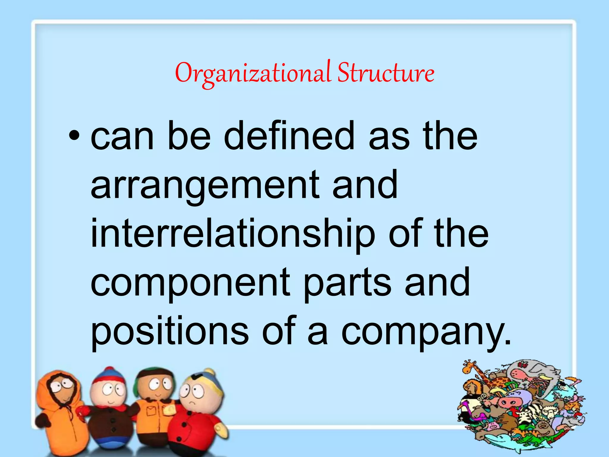Organizational Structure
• can be defined as the
arrangement and
interrelationship of the
component parts and
positions of a company.
 