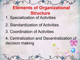 Elements of Organizational
Structure
1. Specialization of Activities
2. Standardization of Activities
3. Coordination of Activities
4. Centralization and Decentralization of
decision making
 