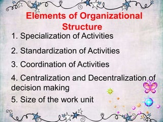 Elements of Organizational
Structure
1. Specialization of Activities
2. Standardization of Activities
3. Coordination of Activities
4. Centralization and Decentralization of
decision making
5. Size of the work unit
 