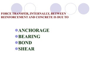 FORCE TRANSFER, INTERNALLY, BETWEEN
REINFORCEMENT AND CONCRETE IS DUE TO
ANCHORAGE
BEARING
BOND
SHEAR
 