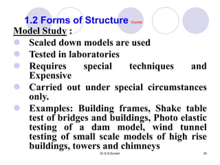 Dr.G.S.Suresh 24
Model Study :
 Scaled down models are used
 Tested in laboratories
 Requires special techniques and
Expensive
 Carried out under special circumstances
only.
 Examples: Building frames, Shake table
test of bridges and buildings, Photo elastic
testing of a dam model, wind tunnel
testing of small scale models of high rise
buildings, towers and chimneys
1.2 Forms of Structure Contd.
 