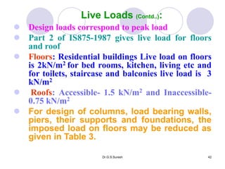 Dr.G.S.Suresh 42
 Design loads correspond to peak load
 Part 2 of IS875-1987 gives live load for floors
and roof
 Floors: Residential buildings Live load on floors
is 2kN/m2 for bed rooms, kitchen, living etc and
for toilets, staircase and balconies live load is 3
kN/m2
 Roofs: Accessible- 1.5 kN/m2 and Inaccessible-
0.75 kN/m2
 For design of columns, load bearing walls,
piers, their supports and foundations, the
imposed load on floors may be reduced as
given in Table 3.
Live Loads (Contd..):
 