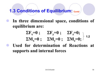 Dr.G.S.Suresh 50
 In three dimensional space, conditions of
equilibrium are:
Fx=0 ; Fy=0 ; Fz=0;
Mx=0 ; My=0 ; Mz=0;
 Used for determination of Reactions at
supports and internal forces
1.3 Conditions of Equilibrium: Contd
1.2
 