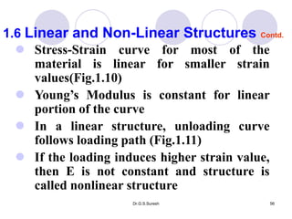 Dr.G.S.Suresh 56
 Stress-Strain curve for most of the
material is linear for smaller strain
values(Fig.1.10)
 Young’s Modulus is constant for linear
portion of the curve
 In a linear structure, unloading curve
follows loading path (Fig.1.11)
 If the loading induces higher strain value,
then E is not constant and structure is
called nonlinear structure
1.6 Linear and Non-Linear Structures Contd.
 