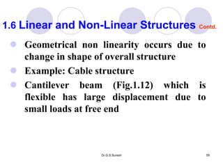 Dr.G.S.Suresh 59
 Geometrical non linearity occurs due to
change in shape of overall structure
 Example: Cable structure
 Cantilever beam (Fig.1.12) which is
flexible has large displacement due to
small loads at free end
1.6 Linear and Non-Linear Structures Contd.
 