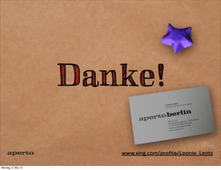 Anders Ramsay:
Design Studio Workshop.
http://de.slideshare.net/andersr/design-
studioworkshop-1h-session
James Ungar and Jeffrey A. White:
Agile User Centered Design: Enter the Design
Studio - A Case Study. CHI 2008, Florence.
Jeff Gothelf with Josh Seiden:
Lean UX. O‘Reilly 2013
Fantastische Quellen 3
 