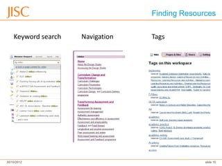 Finding Resources

    Keyword search   Navigation   Tags




30/10/2012                                      slide 10
 