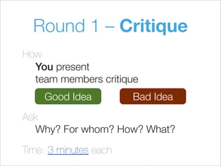Round 1 – Critique
How
You present
team members critique
Ask
Why? For whom? How? What?
Time: 3 minutes each
Good Idea Bad Idea
 