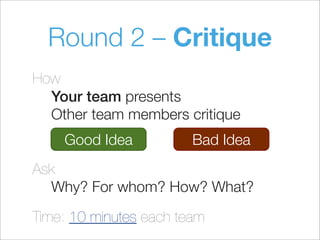 Round 2 – Critique
How
Your team presents
Other team members critique
Ask
Why? For whom? How? What?
Time: 10 minutes each team
Good Idea Bad Idea
 