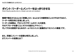 キャリアパスを踏まえたチームマネジメント




ポイント：リーダーとメンバーをはっきりさせる
Point: Clearly specify who is a leader and who are members




職種や職位からなんとなく想像したり、なんとなくの暗黙知にしたりするのではなく、
リーダーを明示的に任命しましょう。
リーダーの役割は、プロジェクトやチームのゴールの設定、
そのアプローチを描くこと（タスクの設計とアサイン）、
そしてそれを実現するためのチームマネジメント（組織的なマネジメント業務）です。


また、同様にメンバーの役割も明示しましょう。
さてメンバーの役割とは？




                                       Yu Morita; 2010 (CC) BY-SA / Some rights reserved.   ｜23
 