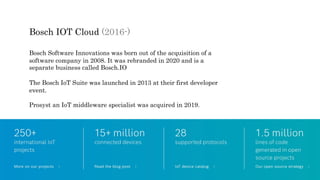 Bosch IOT Cloud (2016-)
Bosch Software Innovations was born out of the acquisition of a
software company in 2008. It was rebranded in 2020 and is a
separate business called Bosch.IO
The Bosch IoT Suite was launched in 2013 at their first developer
event.
Prosyst an IoT middleware specialist was acquired in 2019.
 
