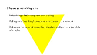 Embedding a little computer onto a thing
Making sure that thing’s computer can connect to a network
Make sure the network can collect the data and lead to actionable
information
3 layers to obtaining data
 