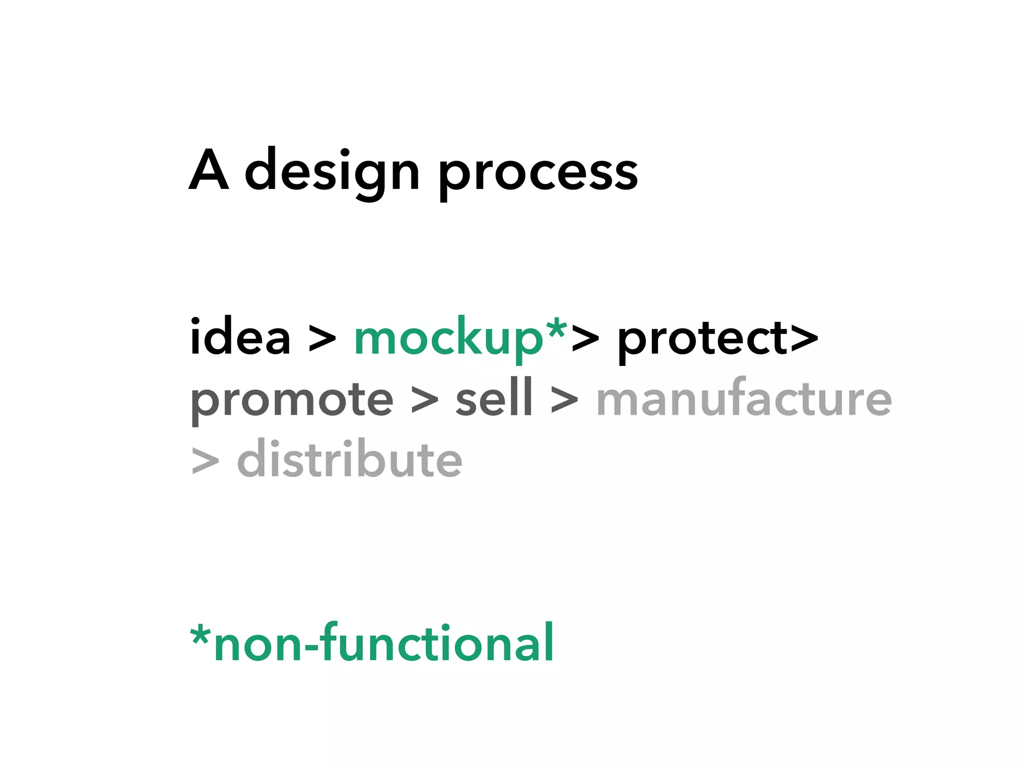 A design process
idea > mockup*> protect>
promote > sell > manufacture
> distribute
*non-functional