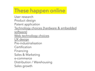 These happen online
User research
Product design
Patent application
Technology choices (hardware & embedded
software)
Web technology choices
UX design
Pre-industrialisation
Certification
Financing
Sales & Marketing
e-commerce
Distribution / Warehousing
Sales growth
 