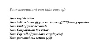 Your accountant can take care of:

Your registration
Your VAT returns (if you earn over £70K) every quarter
Your End of year accounts
Your Corporation tax return
Your Payroll (if you have employees)
Your personal tax return (£0)
 