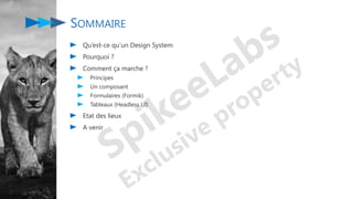 SOMMAIRE
Qu’est-ce qu’un Design System
Pourquoi ?
Comment ça marche ?
Principes
Un composant
Formulaires (Formik)
Tableaux (Headless UI)
Etat des lieux
A venir
 