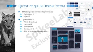 QU’EST-CE QU’UN DESIGN SYSTEM
Bibliothèque de composants graphiques
Composants JS
Style CSS
Ligne directrice
Palette de couleurs
Typographie
Iconographie
Composants UI
Grille de structures, espaces, tailles…
 