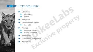 ETAT DES LIEUX
Utilisations
Billing Labs
Intranet
Storybook
Environnement de dev
Bac à sable
Thèmes
Gestion de thèmes
Variante Dark/Light
Release / CI
Stabiliser les composants
Accessibilité
 