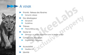 A VENIR
Priorité : Release des librairies
Semantic release
Doc développeur
Storybook
Guidelines
Thèmes
Theme Billing Labs
Starter kit
Démarrer un projet rapidement avec le design system
Composants plus larges
Organismes / Templates
Accessibilité
Headless UI
Identité
 
