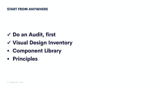 START FROM ANYWHERE
✓ Do an Audit, first
✓ Visual Design Inventory
• Component Library
• Principles
3. Creating your Own
 