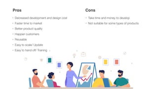 Pros Cons
• Decreased development and design cost
• Faster time to market
• Better product quality
• Happier customers
• Reusable
• Easy to scale/ Update
• Easy to hand off/ Training
• Take time and money to develop
• Not suitable for some types of products
 