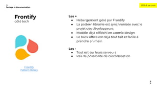 4
4
Frontify
côté tech
Les +
● Hébergement géré par Frontify
● La pattern librairie est synchronisée avec le
projet des dé...