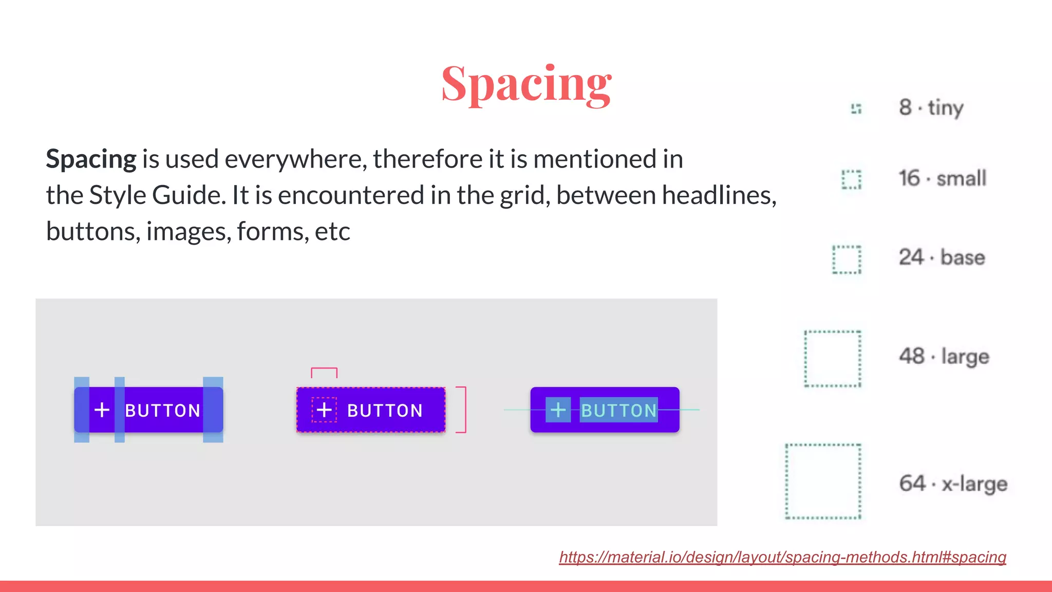 Spacing
Spacing is used everywhere, therefore it is mentioned in
the Style Guide. It is encountered in the grid, between headlines,
buttons, images, forms, etc
https://material.io/design/layout/spacing-methods.html#spacing
 