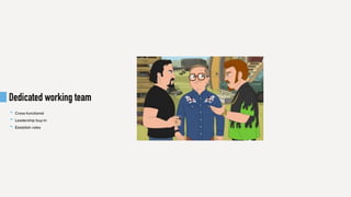 Dedicated working team
- Cross-functional
- Leadership buy-in
- Establish roles
 