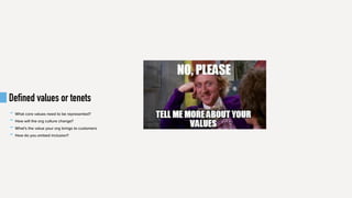 Defined values or tenets
- What core values need to be represented?
- How will the org culture change?
- What’s the value your org brings to customers
- How do you embed inclusion?
 