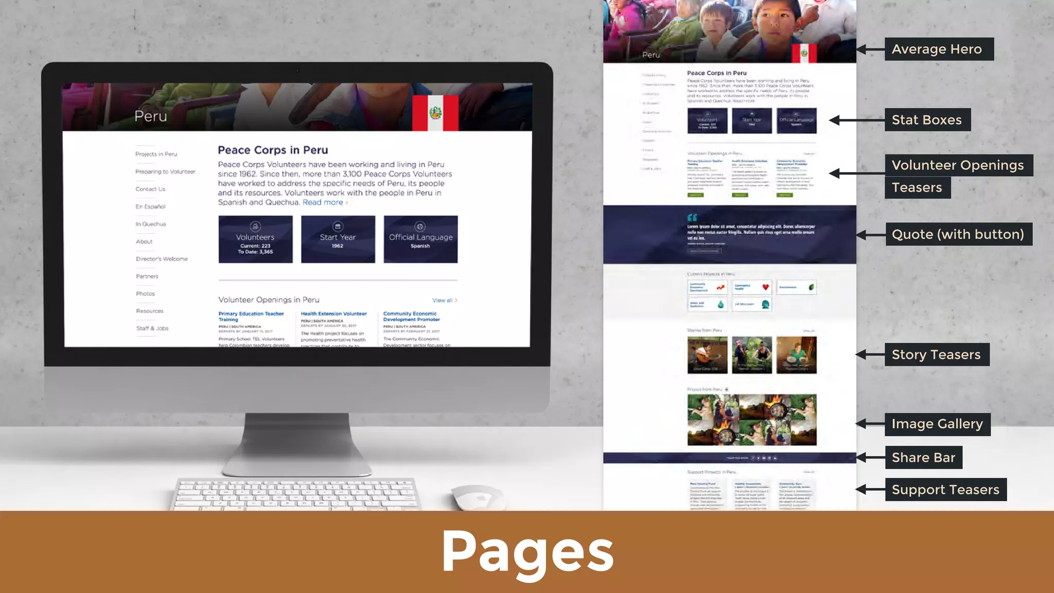 Pages
Average Hero
Stat Boxes
Volunteer Openings 
Teasers
Quote (with button)
Story Teasers
Image Gallery
Support Teasers
Share Bar
 