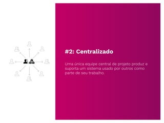 #2: Centralizado
Uma única equipe central de projeto produz e
suporta um sistema usado por outros como
parte de seu trabalho.
 